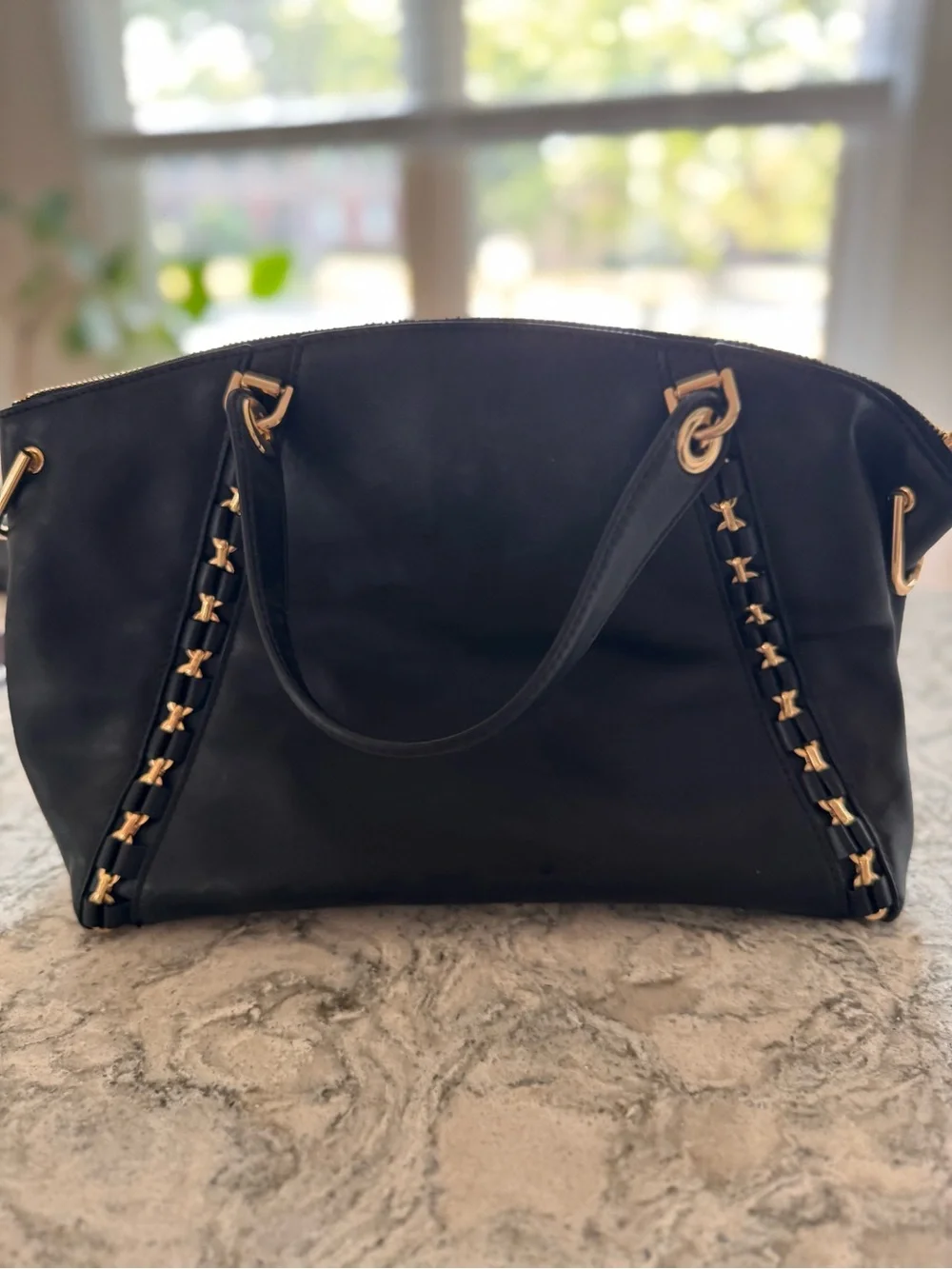 Michael Kors Black Tote with Gold Hardware and Braided Side Detail